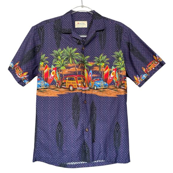 Royal Hawaiian Creations Mens Button Up Small Cotton Beach Cars Surfboard Blue - Picture 1 of 11